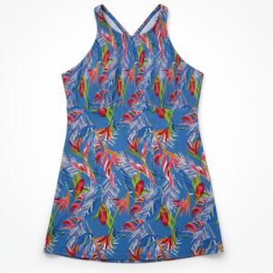 Fit 4 Ur Thighs Size 16 Swim Dress Blue Floral Smocked Hi Neck Swimsuit